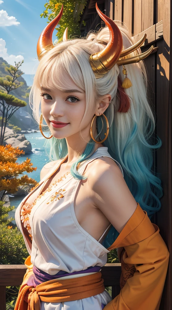 Masterpiece, ((ultra detailed background, delicate pattern, intricate detail)), (Very detailed, fine quality more detailed,beautiful lightinedium breasts, slender girl, very slender girl))), (close up, portrait), YamatoV2, wide, 1 girl, horns, by white, Alone, they, red horns, curled horns, hair ornament, (multicolored horns), jewelry, earrings, japanese clothes, kimono, hair stick, sleeveless, bare shoulders, aquamarine hair, Side locks, hoop earrings, also, SMILE, wide SMILE, ((orange eyes)), complex detailed background, outside, natural surroundings, Rocks, sunny, blue sky, sky,