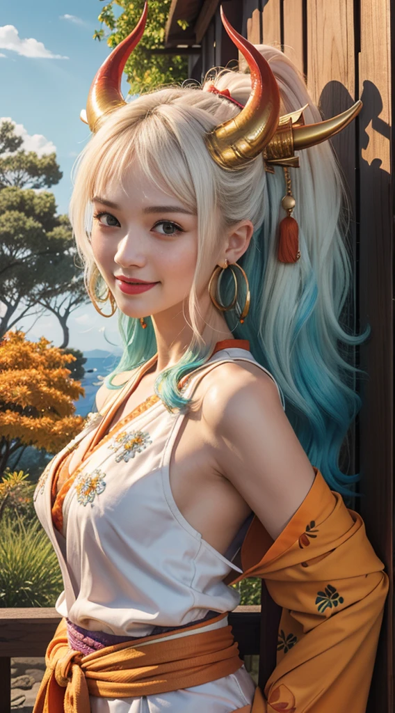 Masterpiece, ((ultra detailed background, delicate pattern, intricate detail)), (Very detailed, fine quality more detailed,beautiful lightinedium breasts, slender girl, very slender girl))), (close up, portrait), YamatoV2, wide, 1 girl, horns, by white, Alone, they, red horns, curled horns, hair ornament, (multicolored horns), jewelry, earrings, japanese clothes, kimono, hair stick, sleeveless, bare shoulders, aquamarine hair, Side locks, hoop earrings, also, SMILE, wide SMILE, ((orange eyes)), complex detailed background, outside, natural surroundings, Rocks, sunny, blue sky, sky,