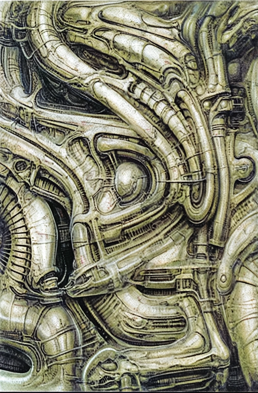 g1g3r, Giger_style, The image is a detailed view of H.R. Giger's \" Li II \" plate, featuring a complex network of bones and organs in a purple-brown hue ,swirling gray and brown colorsgroup of three alien figures positioned in the foreground.  Emaciated and skeletal, with hollow eyes, they appear to be constructed from bone and  metallic  elements,  a  characteristic  fusion  of  organic  and  mechanical  forms  found  in  Giger's  biomechanical  art.  
 The image features a robotic humanoid figure with intricate mechanical details, standing in a room with a glowing screen displaying the word \"EVE\" and a hand reaching out to touch its face.  The background is a dark and  limited  space  painted  in  a  uniform  blue-green color.  This  lack  of  detail  keeps  the  focus  on  the  figures  and  creates  a  sense  of  mystery  about  their  environment.  Receding into the distance  are  a  series  of  arches  and  tunnels  that  hint  at  a  larger  biomechanical  landscape,  possibly  the  work  of  the  creatures  themselves The artwork is silver and purplish brown, with an ivory bones prominently displayed. The image is highly detailed and intricate, almost like a 3d version of a medical diagram (detailed view of an anatomy model, possibly of a human body, with transparent organs and bones exposed). The piece has a thick mechano-organic texture and is covered in fine details. The image has a swirling, organic quality to it. The artistic manner would be unmistakably Gigeresque. A dark and unsettling beauty would permeate the piece, blurring the lines between fascination and repulsion , forever haunted by the grotesque allure. Giger's signature artistic manner would be evident in every stroke. The airbrush would be wielded with masterful precision to create a hyperrealistic yet nightmarish aesthetic.., ooze soaked pajama top
