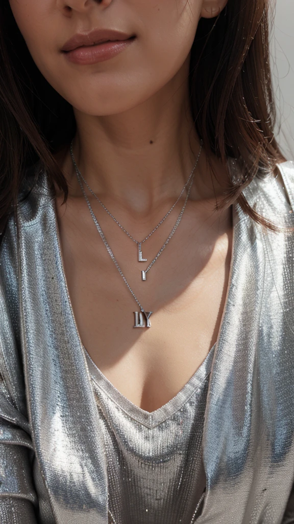 a necklace and the letters H,u,l,y,a on the necklace a shiny silver necklace