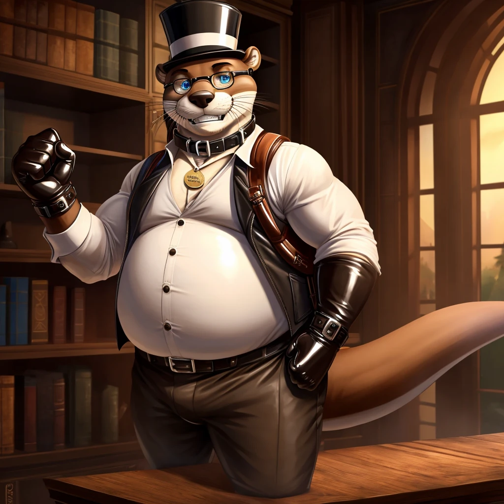 Solo, Male, fat, extremely obese, gentleman, dapper Professor Otter, blue eyes, (posing:1.3), (soft shading), 4k, hi res, ((detailed face, detailed)), looking at viewer, evil grin, steampunk, collared shirt with buttons, top hat, male focus, Explorer Outfit, glasses, monocle, bag, vest with buttons, backpack, sleeves rolled up, round eyewear, brown headwear, brown vest, Otter is wearing a glossy leather dog collar around the neck, Otter is wearing the leather collar and shirt and vest at the same time, Otter is wearing glossy white rubber gloves on the hands, wearing white rubber gloves on the feet, Otter is wearing glossy white cuffs around the wrists with cufflinks, gloves are rubber in texture, clenching teeth, clenching fists, leather collar is glossy and shiny with a lot of detail, Otter is wearing gloves and cuffs and cufflinks at the same time, leather collar has a round dog-tag, leather collar is thick and detailed.