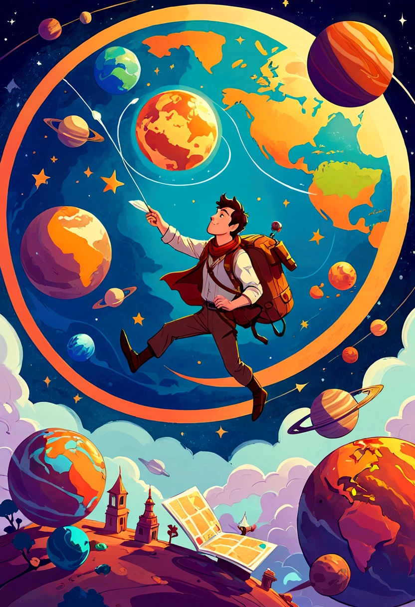 A man flies through the sky，Surrounded by a planet，A variety of goods surround it。The man holds the map，'s illustration。