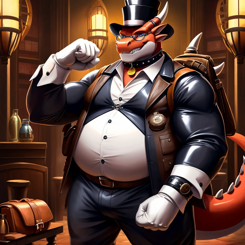 Solo, Male, fat, extremely obese, gentleman, dapper Professor Dragon, blue eyes, (posing:1.3), (soft shading), 4k, hi res, ((detailed face, detailed)), looking at viewer, evil grin, steampunk, collared shirt with buttons, top hat, male focus, Explorer Outfit, glasses, monocle, bag, vest with buttons, backpack, sleeves rolled up, round eyewear, brown headwear, brown vest, Dragon is wearing a glossy leather dog collar around the neck, Dragon is wearing the leather collar and shirt and vest at the same time, Dragon is wearing glossy white rubber gloves on the hands, wearing white rubber gloves on the feet, Dragon is wearing glossy white cuffs around the wrists with cufflinks, gloves are rubber in texture, clenching teeth, clenching fists, leather collar is glossy and shiny with a lot of detail, Dragon is wearing gloves and cuffs and cufflinks at the same time, leather collar has a round dog-tag, leather collar is thick and detailed.