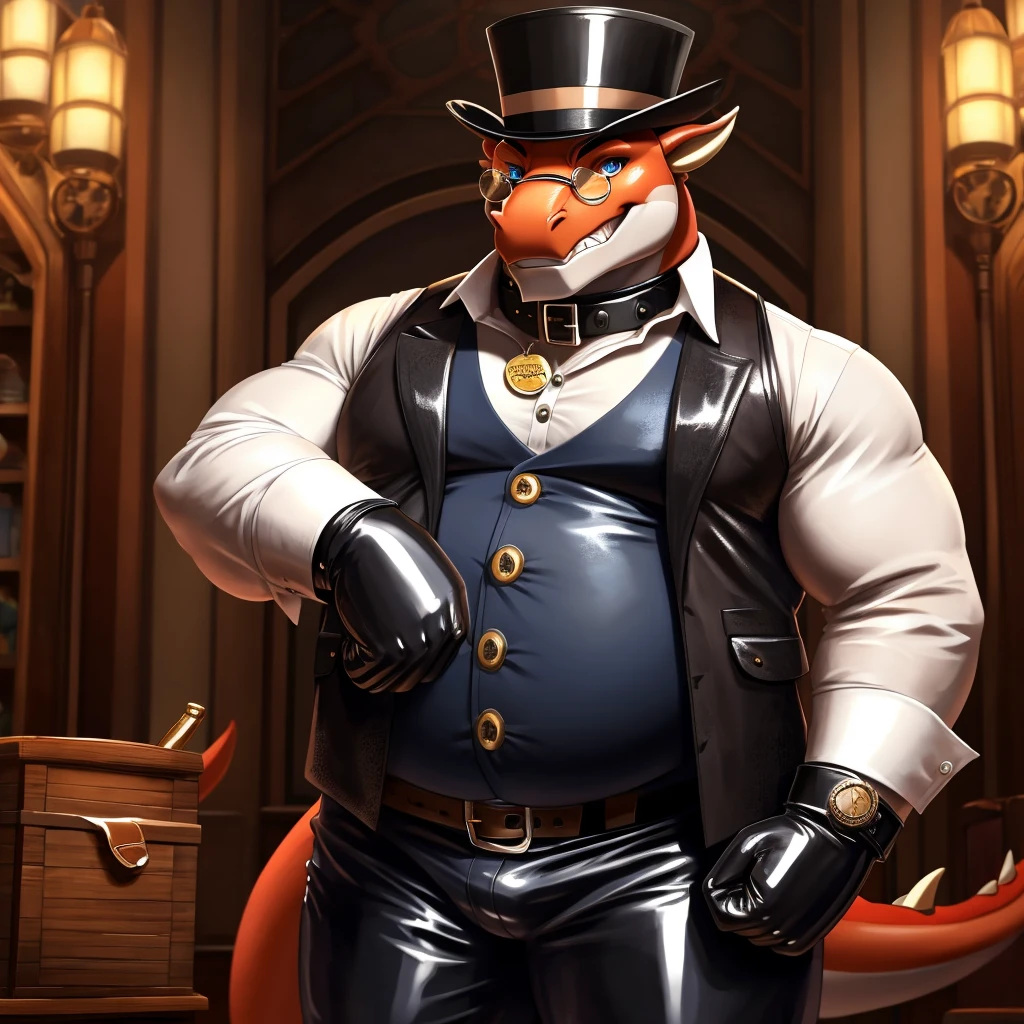 Solo, Male, fat, extremely obese, gentleman, dapper Professor Dragon, blue eyes, (posing:1.3), (soft shading), 4k, hi res, ((detailed face, detailed)), looking at viewer, evil grin, steampunk, collared shirt with buttons, top hat, male focus, Explorer Outfit, glasses, monocle, bag, vest with buttons, backpack, sleeves rolled up, round eyewear, brown headwear, brown vest, Dragon is wearing a glossy leather dog collar around the neck, Dragon is wearing the leather collar and shirt and vest at the same time, Dragon is wearing glossy white rubber gloves on the hands, wearing white rubber gloves on the feet, Dragon is wearing glossy white cuffs around the wrists with cufflinks, gloves are rubber in texture, clenching teeth, clenching fists, leather collar is glossy and shiny with a lot of detail, Dragon is wearing gloves and cuffs and cufflinks at the same time, leather collar has a round dog-tag, leather collar is thick and detailed.