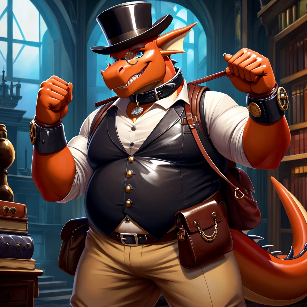 Solo, Male, fat, extremely obese, gentleman, dapper Professor Dragon, blue eyes, (posing:1.3), (soft shading), 4k, hi res, ((detailed face, detailed)), looking at viewer, evil grin, steampunk, collared shirt with buttons, top hat, male focus, Explorer Outfit, glasses, monocle, bag, vest with buttons, backpack, sleeves rolled up, round eyewear, brown headwear, brown vest, Dragon is wearing a glossy leather dog collar around the neck, Dragon is wearing the leather collar and shirt and vest at the same time, Dragon is wearing glossy white rubber gloves on the hands, wearing white rubber gloves on the feet, Dragon is wearing glossy white cuffs around the wrists with cufflinks, gloves are rubber in texture, clenching teeth, clenching fists, leather collar is glossy and shiny with a lot of detail, Dragon is wearing gloves and cuffs and cufflinks at the same time, leather collar has a round dog-tag, leather collar is thick and detailed.