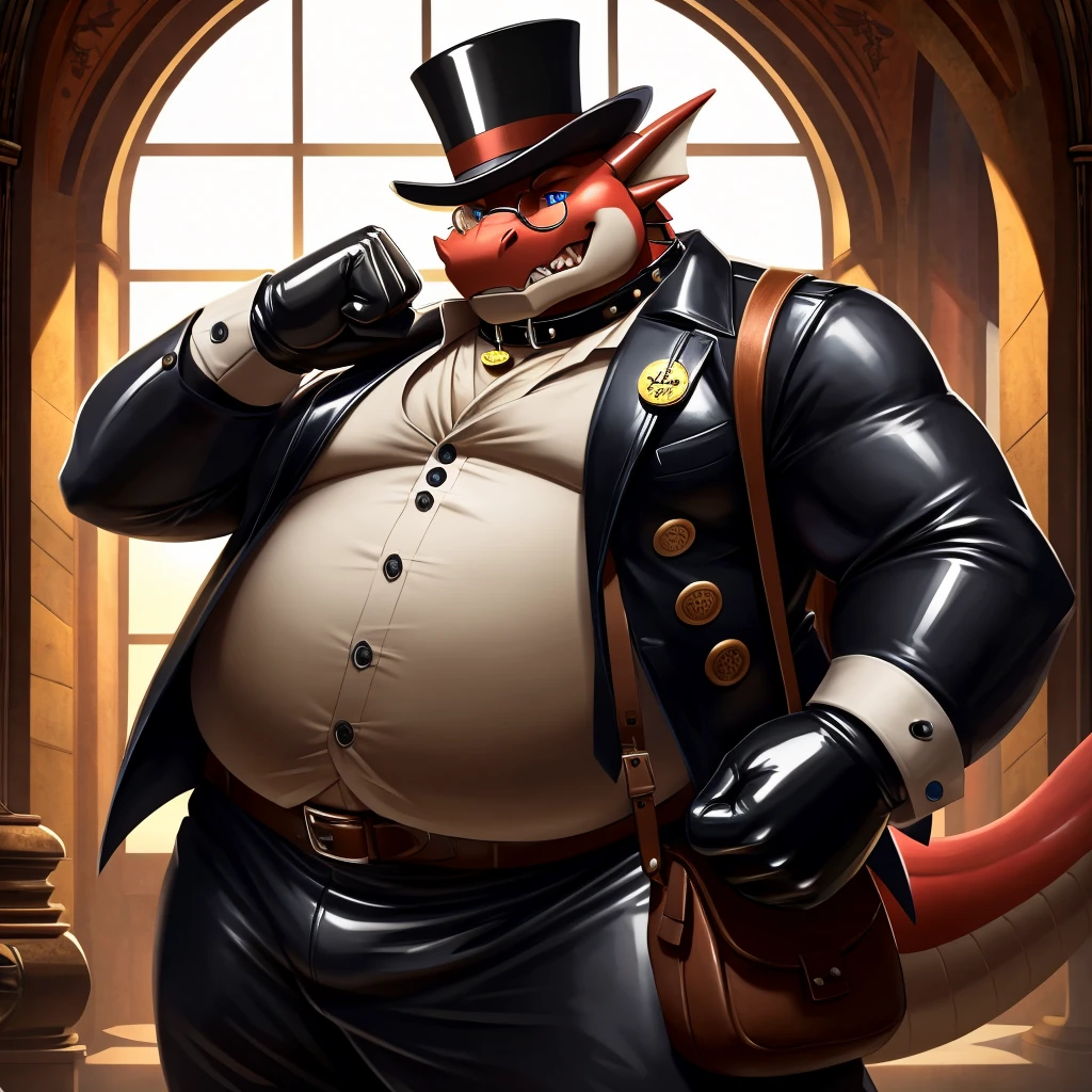 Solo, Male, fat, extremely obese, gentleman, dapper Professor Dragon, blue eyes, (posing:1.3), (soft shading), 4k, hi res, ((detailed face, detailed)), looking at viewer, evil grin, steampunk, collared shirt with buttons, top hat, male focus, Explorer Outfit, glasses, monocle, bag, vest with buttons, backpack, sleeves rolled up, round eyewear, brown headwear, brown vest, Dragon is wearing a glossy leather dog collar around the neck, Dragon is wearing the leather collar and shirt and vest at the same time, Dragon is wearing glossy white rubber gloves on the hands, wearing white rubber gloves on the feet, Dragon is wearing glossy white cuffs around the wrists with cufflinks, gloves are rubber in texture, clenching teeth, clenching fists, leather collar is glossy and shiny with a lot of detail, Dragon is wearing gloves and cuffs and cufflinks at the same time, leather collar has a round dog-tag, leather collar is thick and detailed.