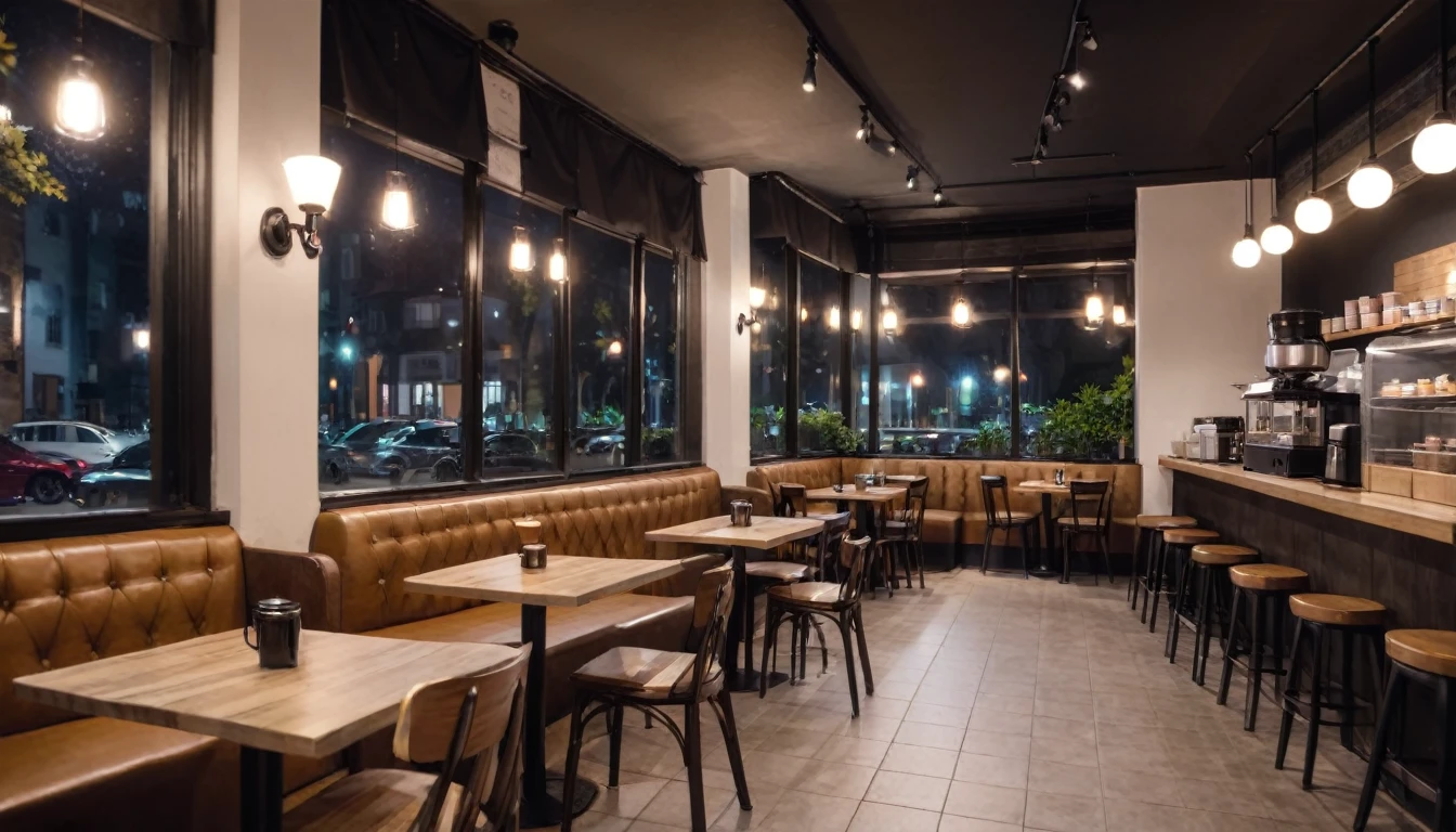 At night frontal shot coffee shop interior tables with coffee cups and a big window in the center, Frontal Shot Only