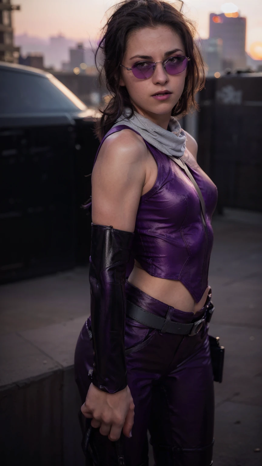 (masterpiece), (photorealistic1.4), (1 girl), (solo), (best quality), (epiCRealLife), (Kate Bishop long hair), (sleeveless top), (kateb2023 black utility belt), (kateb2023 purple costume), (purple pants) (kateb2023 purple sleevless bodysuit), (kst3w white scarf),(white scarf), (kateb2023 purple sunglasses) (bare shoulder), (night time), (kateb2023 wearing black boot), (elbow gloves), (abs), (flash photography), (flashphoto), (outdoor), , (sunset), (wearing black boots), (look at viewers),(light smile), , standing on new york city rooftop), (from side), (city landscape)