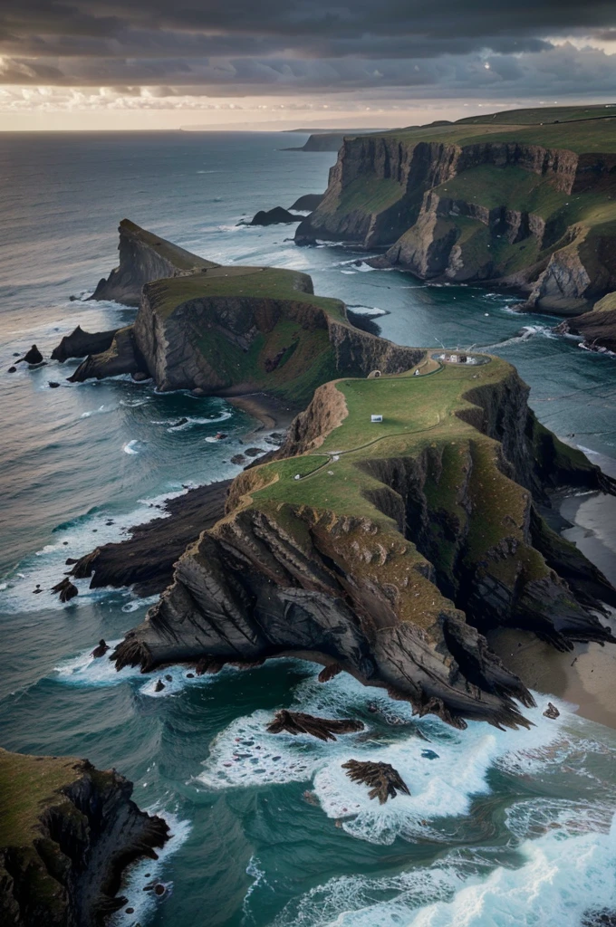 A dramatic coastal landscape of the Shetland Islands, Scotland, windswept cliffs, rugged rocky shores, crashing waves, moody cloudy skies, rolling green hills, a sense of isolation and raw natural beauty, (best quality,4k,8k,highres,masterpiece:1.2),ultra-detailed,(realistic,photorealistic,photo-realistic:1.37),landscape,dramatic lighting,dramatic colors,cinematic,wide angle,epic scale