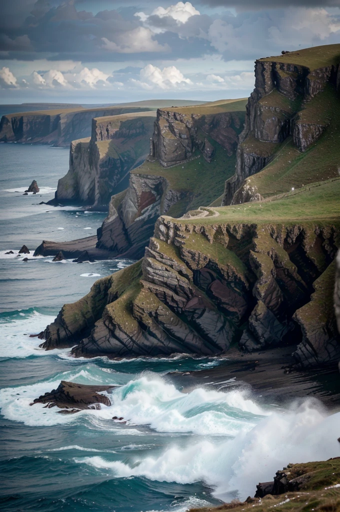 A dramatic coastal landscape of the Shetland Islands, Scotland, windswept cliffs, rugged rocky shores, crashing waves, moody cloudy skies, rolling green hills, a sense of isolation and raw natural beauty, (best quality,4k,8k,highres,masterpiece:1.2),ultra-detailed,(realistic,photorealistic,photo-realistic:1.37),landscape,dramatic lighting,dramatic colors,cinematic,wide angle,epic scale