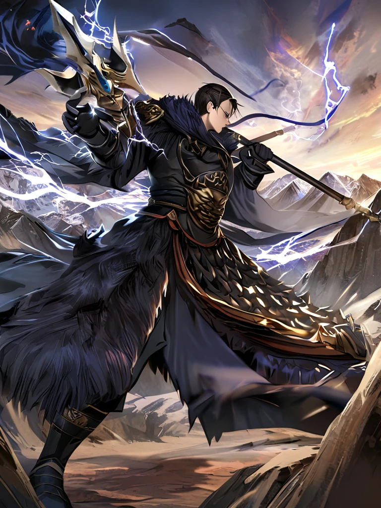 Masterpiece,best quality,Highly detailed,very detailed, Digital Artwork, Levi Buman,  holding a halberd to pierce the sky, focus man, alone, Long shot, full body,  black hair,blue eyes, mountain, With a beast-face belt, wearing black armor,Wear a black fur cloak, electricity, fighting posture, Embedded, glove, outdoor, black coat, from the side 