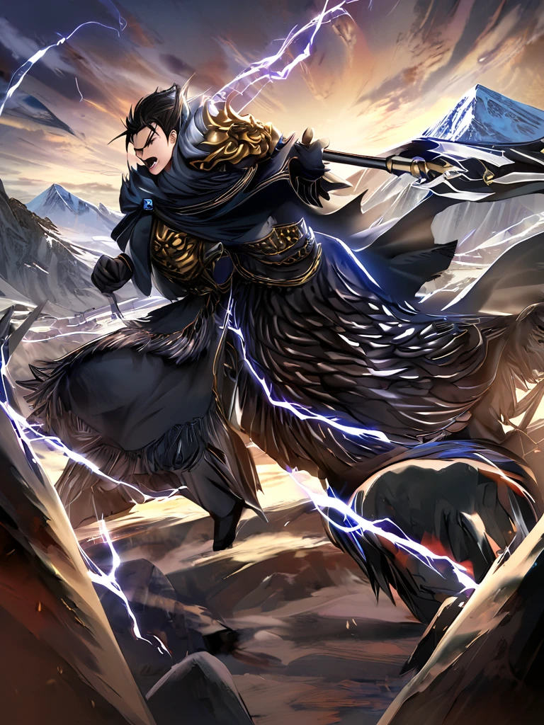 Masterpiece,best quality,Highly detailed,very detailed, Digital Artwork, Levi Buman,  holding a halberd to pierce the sky, focus man, alone, Long shot, full body,  black hair,blue eyes, mountain, With a beast-face belt, wearing black armor,Wear a black fur cloak, electricity, fighting posture, Embedded, glove, outdoor, black coat, from the side 