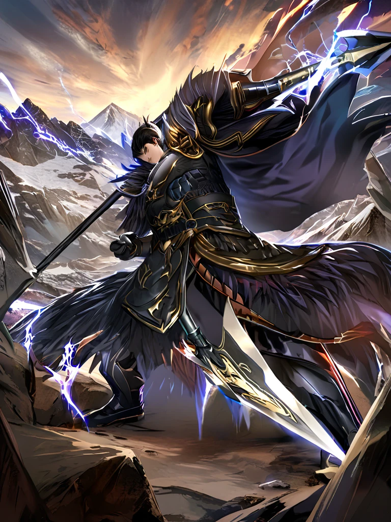 Masterpiece,best quality,Highly detailed,very detailed, Digital Artwork, Levi Buman,  holding a halberd to pierce the sky, focus man, alone, Long shot, full body,  black hair,blue eyes, mountain, With a beast-face belt, wearing black armor,Wear a black fur cloak, electricity, fighting posture, Embedded, glove, outdoor, black coat, from the side 