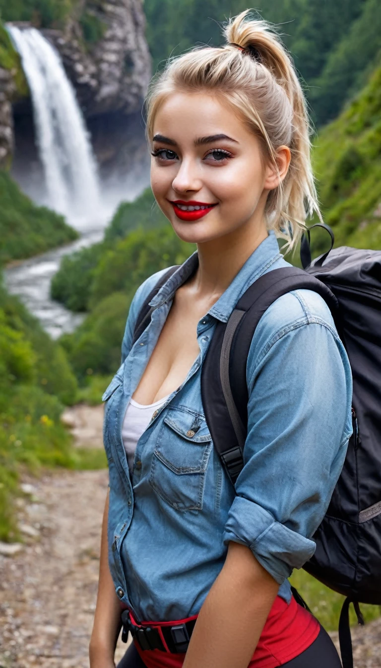 ultrarealistic high quality fullbody photo of a beautiful busty slim european 19-year-old mwoman with cute hyperdetailed shy face and dyed platin blonde long messy ponytail hair and happy face, realistic round hazel eyes, red lips, dark eye makeup with eyeliner, wearing soaking wet outdoor leggins hiking outfit with backpack, hourglass body, outdoor shooting on a gorge with bright sun