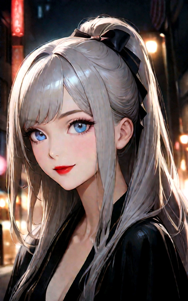 Urban beautiful girl college student, masterpiece, light makeup, Red lips, Silver Hair, Disheveled long hair, Street background, beautiful, elegant. Extremely fine detail, Master Works, Authentic texture, Realism in film lighting, Perfect job, 16K, High resolution, exquisite features,blue eyes、Japanese Idols、beautiful顔、Cute Smile、Brown Hair、beautiful hair、ponytail、glamorous、