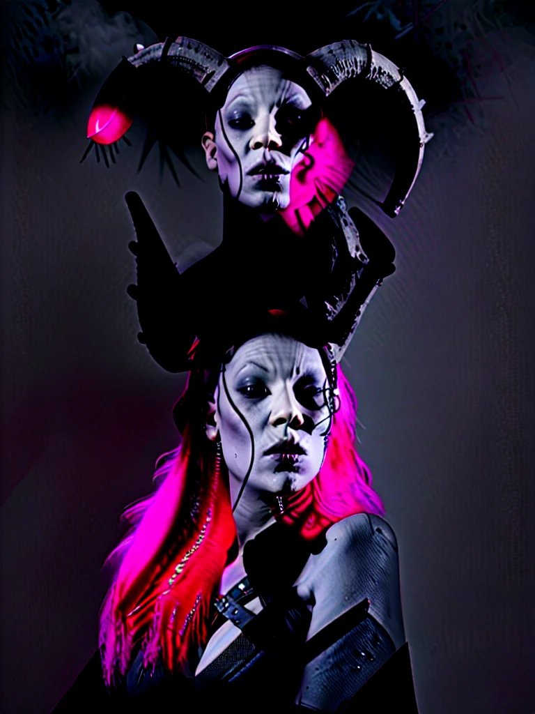 1girl, cute girl, sexy, solo, white eyes looking at viewer, monochrome, greyscale, bunt bangs, bright red hair, parted lips, horns, black background, full veiw, wide angled, cyberpunk, tragic, gothic horror surellizm (red color pops hair & Lipstick) beautiful lighting strangely sexy(Brom style character concepts ober realism,) Goth pop
Gun placed to her Head in confidant expresion