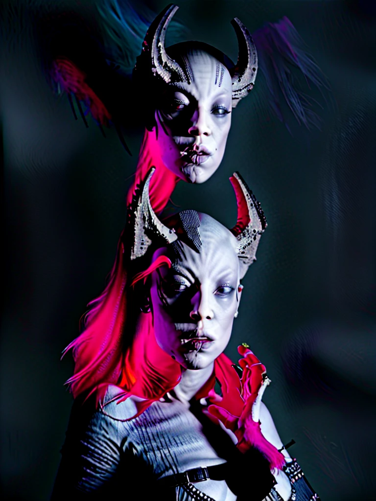 1girl, cute girl, sexy, solo, white  eyes looking at viewer, monochrome, greyscale, bunt bangs, bright red hair, parted lips, horns, black background, full veiw, wide angled, cyberpunk, tragic, gothic horror surellizm (red color pops hair & Lipstick) beautiful lighting strangely sexy(Brom style character concepts ober realism,) Goth pop 
Gun placed to her Head in confidant expresion