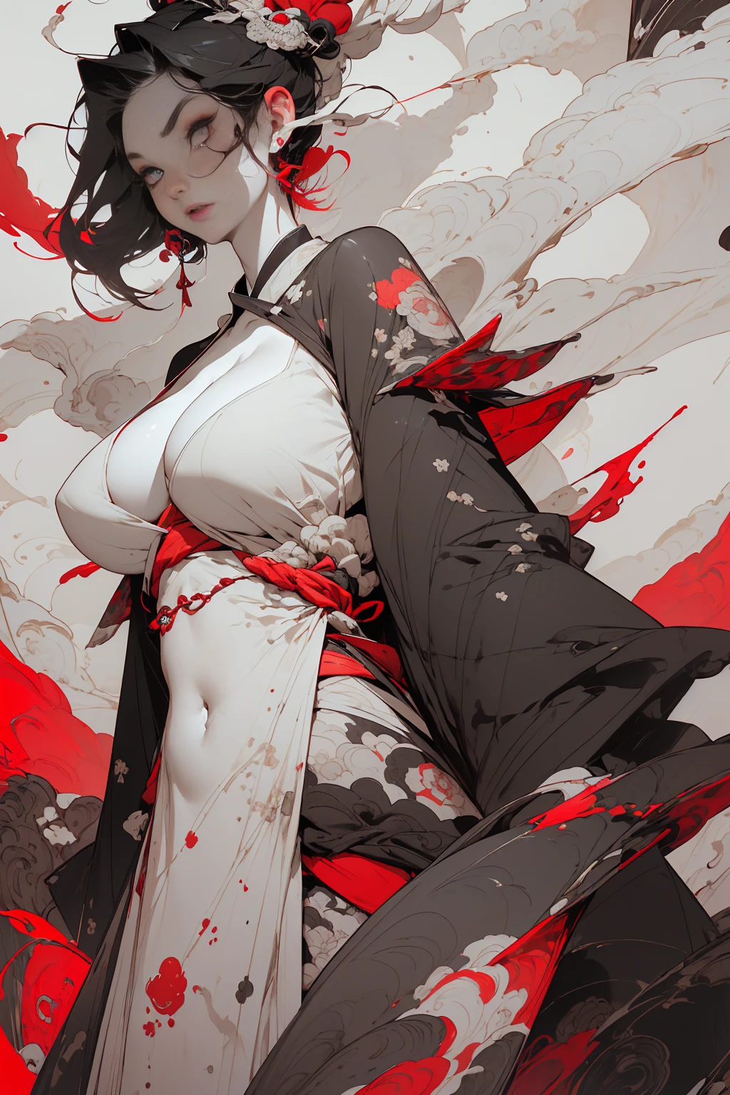 (masterpiece, top quality, best quality, official art, beautiful, cosmic, atmospheric, psychedelic, dreamlike and aesthetic, swirling psychedelic cosmic graffiti patterns:1.2), (1girl), extreme detailed,(fractal art:1.3),colorful,highest detailed, "(Best Quality, 8K, 32K, masutepiece:1.3), Ultra-detailed, (Photorealistic:1.4), pink and white colors, perfect color scheme, albino, Punk rock Girl, Detailed moonlight eyes, Upper body, Luxurious punk hair, Edgy Harajuku-inspired punk rock fashion, super huge enormously gigantic , cleavage showing, Avant-garde makeup, Numerous piercings, Heavily tattooed body, Barefoot woman(30-years old) , (fair white skin:1.7)、 (long pink hair)、(Samurai style black and gold kimono:1.0)、(Big dragon background)、(White smoke)、(two swords)、(abnormally large breasts)、(Red smoke around the body:1.7)、Bare shoulders, Double eyelids, (Gray eyes)、Parted lips,Solo,(cleavage)、delicate and sexy(clavicle:1.3), (Shiny skin:0.8),(masutepiece:1.4),(Best Quality:1.4),glossy red lips, Perfect Abs, Wet(full of sweat)、low angles, (from below angle), High detailed skin, Skin pores,(Katsushika Hokusai-style background)