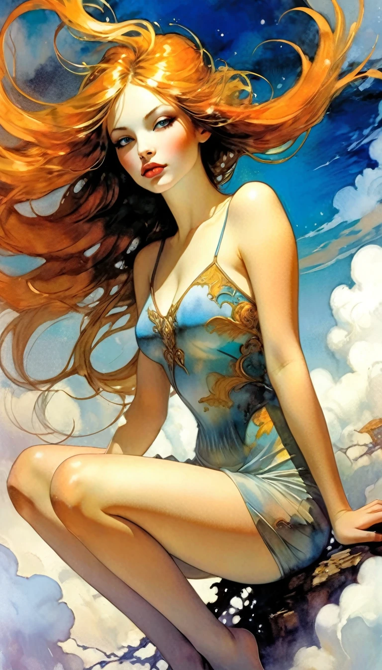 surrealistic goddess woman sitting on cloud, beautiful landscape, sketch, pen drawing, white background, highly detailed, photorealistic, dramatic lighting, vibrant colors, masterpiece, (best quality,4k,8k,highres,masterpiece:1.2),ultra-detailed,(realistic,photorealistic,photo-realistic:1.37),intricate details,cinematic composition,dramatic pose,elegant features,porcelain skin,piercing eyes,full lips,flowing hair,dreamy atmosphere,divine presence,ethereal beauty,floating in clouds,stunning scenery,natural elements,inspired by Bill Sienkiewicz