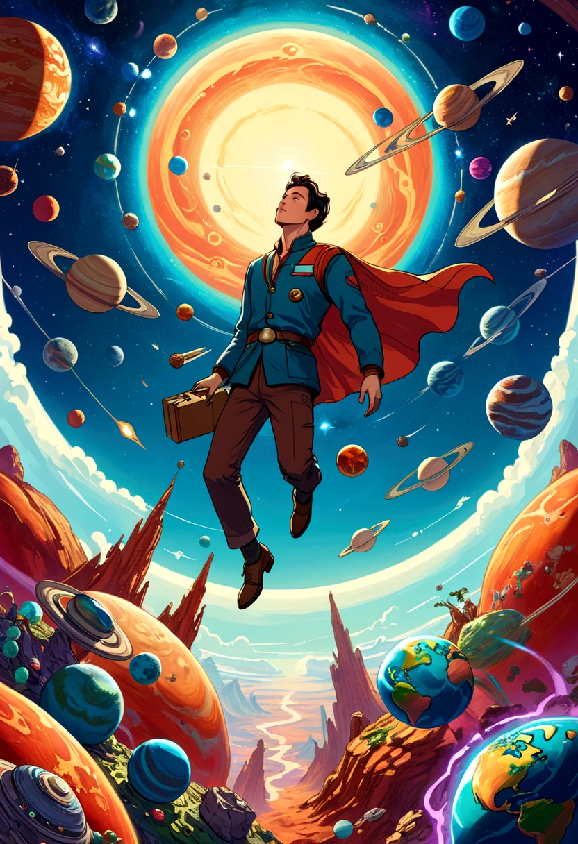 A man flies through the sky,Surrounded by a planet,A variety of goods surround it. 's illustration。