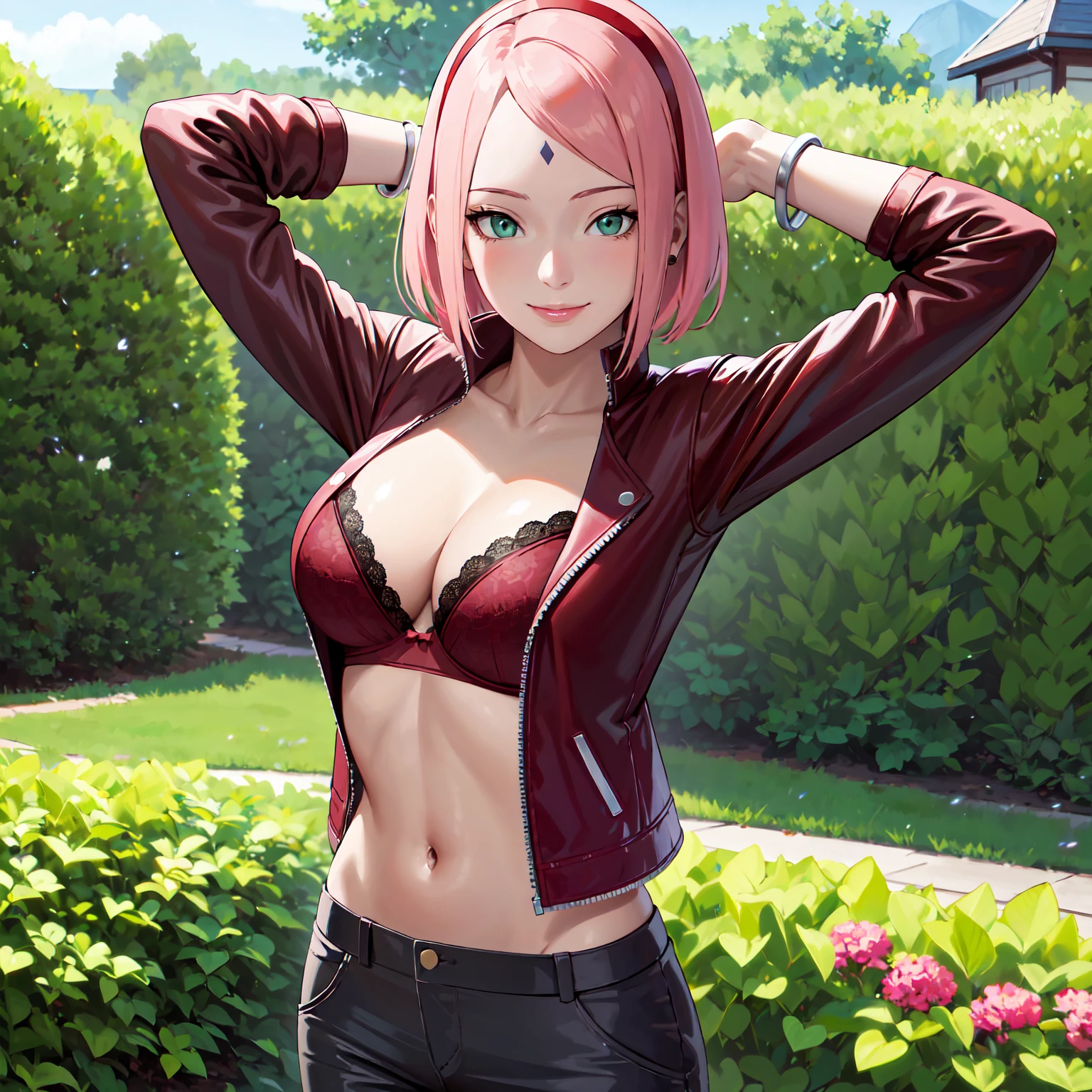 masterpiece, best quality,sharpness,absurdres ,1girl, haruno sakura,forehead mark, red hairband,open leather jacket,cute bra,(cargopants:1),bracelet, looking at viewer, (arms behind head:1.1), smile,, middle large breasts,standing in a garden,arms behind back,closeup,only upperbody 
