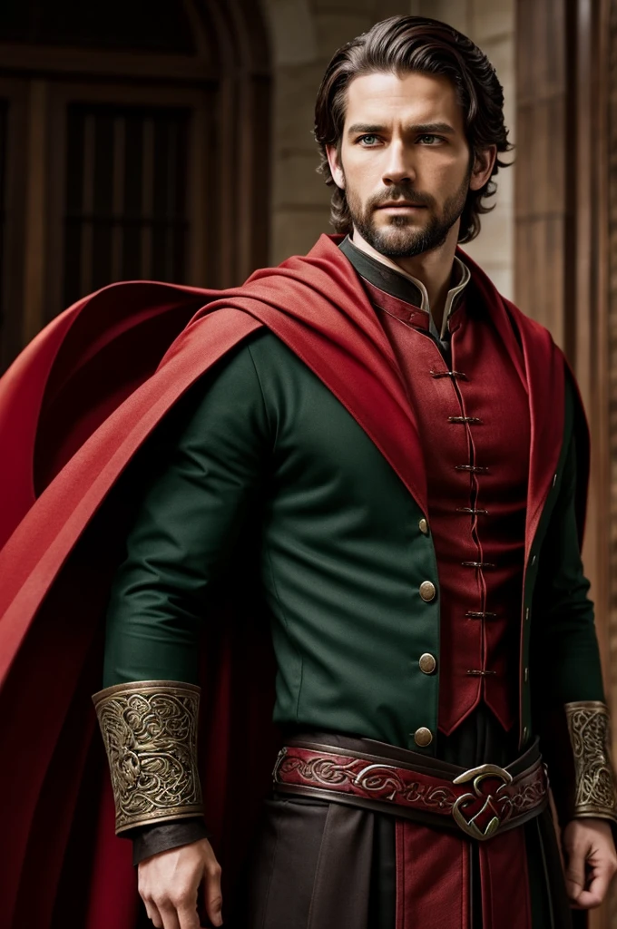 Benji Blackwood, thesis clara, green almond eyes, Brown hair, wavy, , character like from House of the dragon black clothes with a red cape, 18 year old boy without beard
