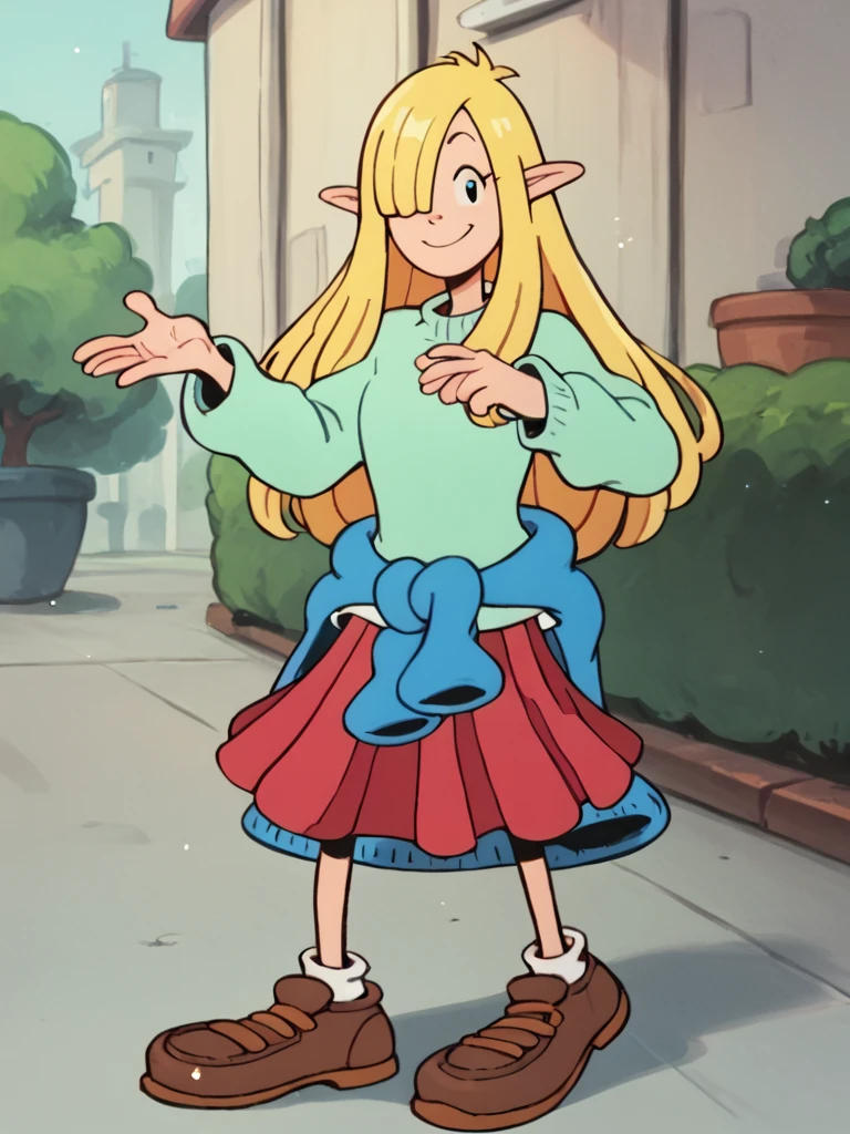 nickyp, blonde hair, 1girl, long hair, pointy ears, solo, shirt, jacket around waist, red skirt, elf, teal sweater, long sleeves, hair over one eye, shoes, smile,looking at viewer,, score_9, score_8_up, score_7_up, score_6_up,toon \(style\),