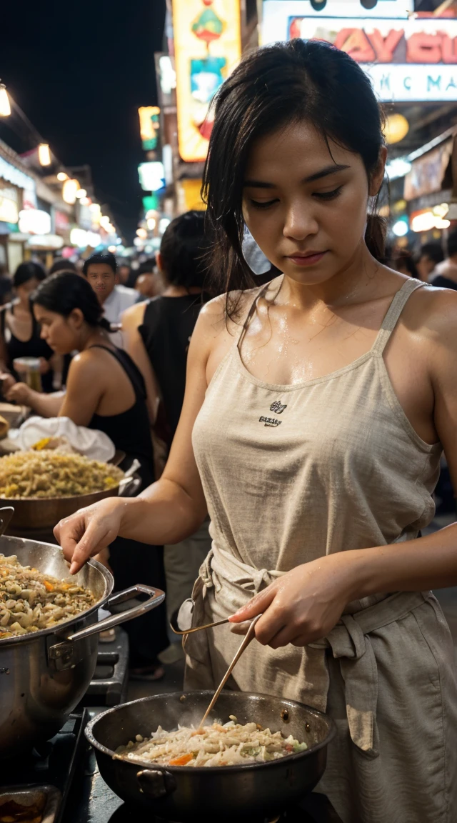 black hair, hyper detailed and hyper realistic photo of a middle-aged woman cooking at a night market. The woman was wearing a white tank top that was wet with sweat and a brown batik cloth tied around her waist. He was stirring fried rice in a large wok with a serious expression on his face. The atmosphere of this night market looks busy with many people in the background, both men and women, wearing casual clothes. Several people were seen watching the woman cook. The lighting in this image is dominated by a light bulb hanging above the woman, providing a warm lighting effect that highlights her and creates shadows around her. In the background, you can see the atmosphere of a night market with rows of stalls and crowds of people doing their activities. This image shows daily life at a night market which is full of activity and social interaction., Surrealism, 8k, super detail