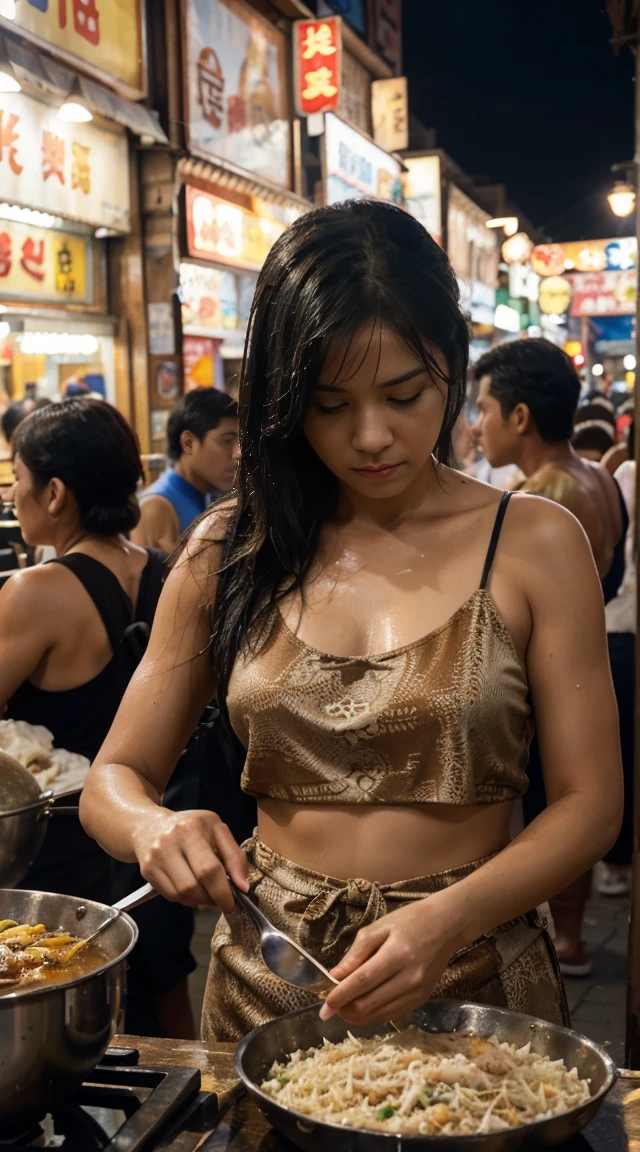 black hair, hyper detailed and hyper realistic photo of a middle-aged woman cooking at a night market. The woman was wearing a white tank top that was wet with sweat and a brown batik cloth tied around her waist. He was stirring fried rice in a large wok with a serious expression on his face. The atmosphere of this night market looks busy with many people in the background, both men and women, wearing casual clothes. Several people were seen watching the woman cook. The lighting in this image is dominated by a light bulb hanging above the woman, providing a warm lighting effect that highlights her and creates shadows around her. In the background, you can see the atmosphere of a night market with rows of stalls and crowds of people doing their activities. This image shows daily life at a night market which is full of activity and social interaction., Surrealism, 8k, super detail