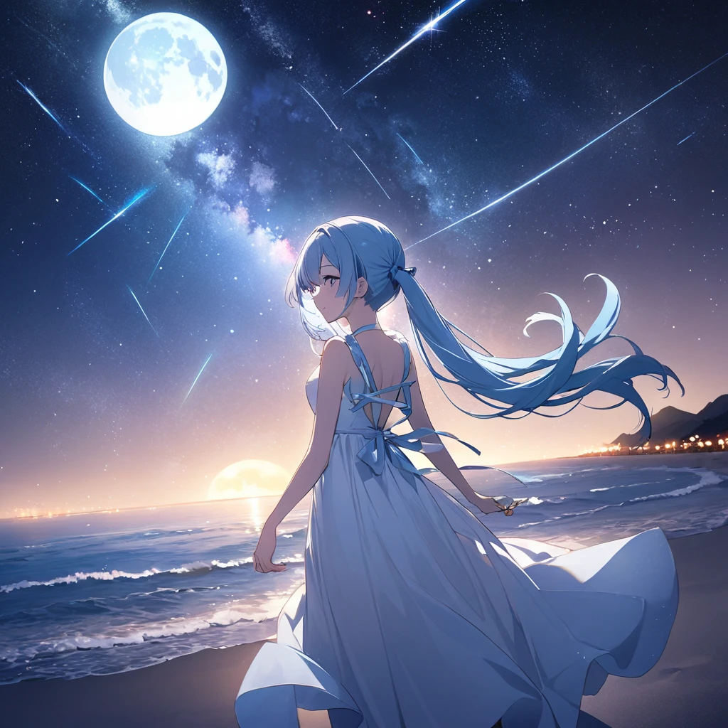 Night sky beach、Big Moon、milky way、Lots of shooting stars、Light blue long hair、Beautiful girl with twin tails、White long dress、Face Highlights、