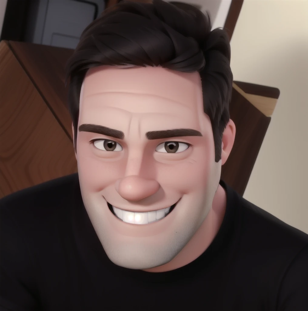 white man without beard and smiling wearing black t-shirt