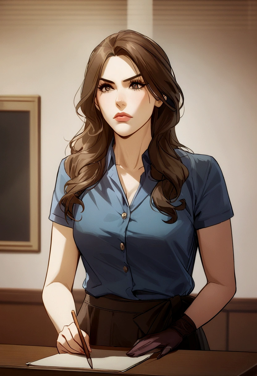 arafed woman in a blue shirt and tie is standing in front of a desk, high quality image, exclusive, intense look, inspired by Gina Pellón, end of an era, claire forlani, jovana rikalo, abcdefghijklmnopqrstuvwxyz, sandra bullock, carola rubio, looking serious