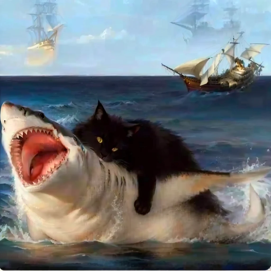 painting of a cat Riding a shaRk with a ship in the backgRound, shaRk cat hybRid, subReddit / R / baleia, jean - leon geRome, jean-leon geRome, by Jean-Léon GéRôme, jean leon geRome, they aRe chasing a baleia, by Niko HenRichon, half wolf half shaRk, composição foda