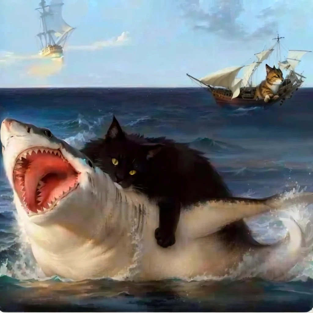 painting of a cat Riding a shaRk with a ship in the backgRound, shaRk cat hybRid, subReddit / R / baleia, jean - leon geRome, jean-leon geRome, by Jean-Léon GéRôme, jean leon geRome, they aRe chasing a baleia, by Niko HenRichon, half wolf half shaRk, composição foda