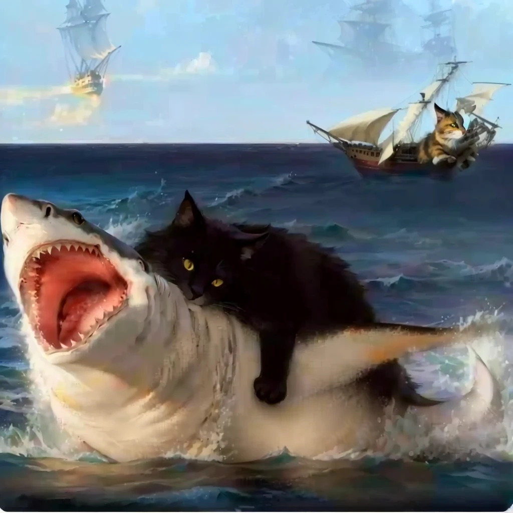 painting of a cat Riding a shaRk with a ship in the backgRound, shaRk cat hybRid, subReddit / R / baleia, jean - leon geRome, jean-leon geRome, by Jean-Léon GéRôme, jean leon geRome, they aRe chasing a baleia, by Niko HenRichon, half wolf half shaRk, composição foda