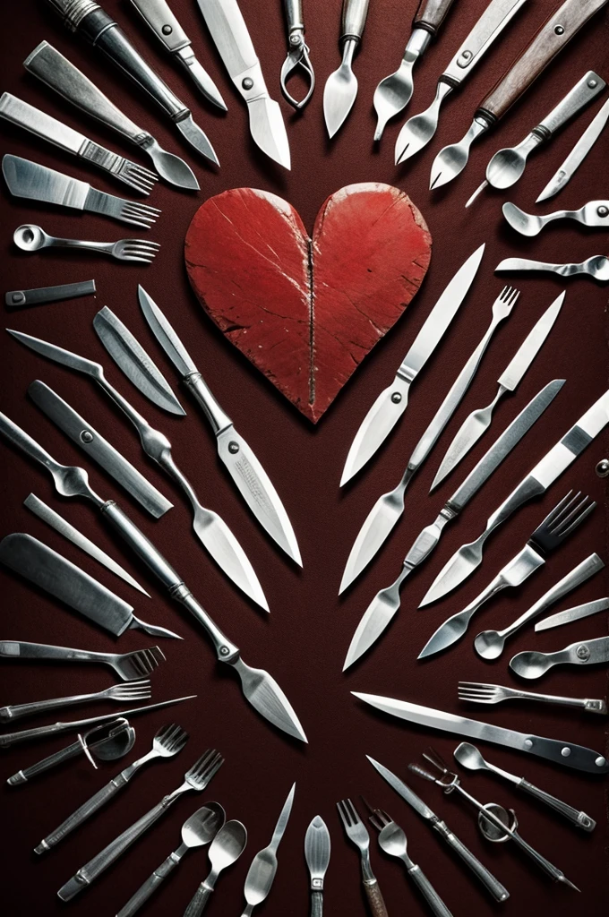 A human heart surrounded by knives pointing towards it