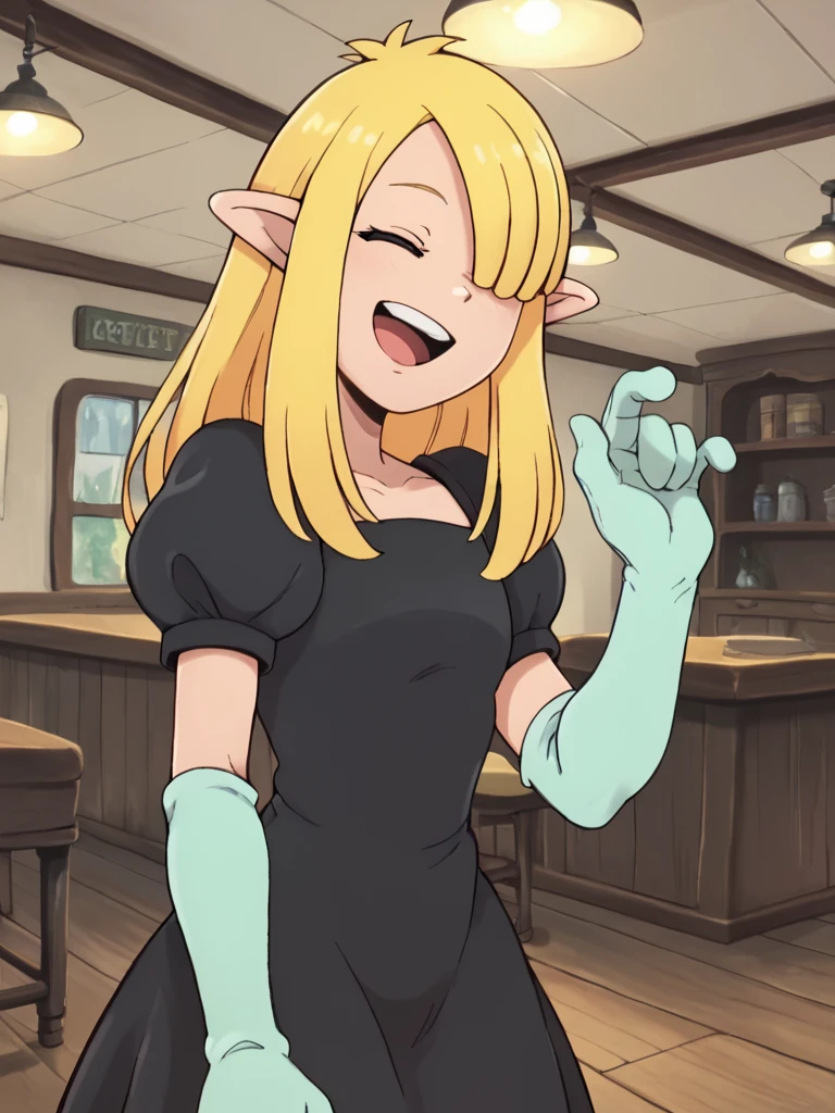 NickyP, 1girl, blonde hair, solo, pointy ears, open mouth, hair over one eye, closed eyes, indoors, long hair, short sleeves, puffy sleeves, black dress, elbow_gloves smile,looking at viewer, score_9, score_8_up, score_7_up, score_6_up,toon \(style\), zPDXLxxx,