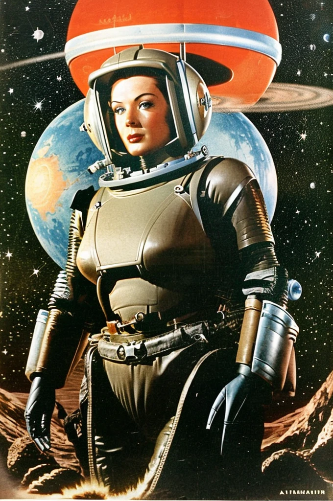 cover of an old science fiction pulp book Space Action and Adventure Space science fiction from the 1940s with Alsion tyler as a astrogirl with your robot and flying saucer, imagem perfeita