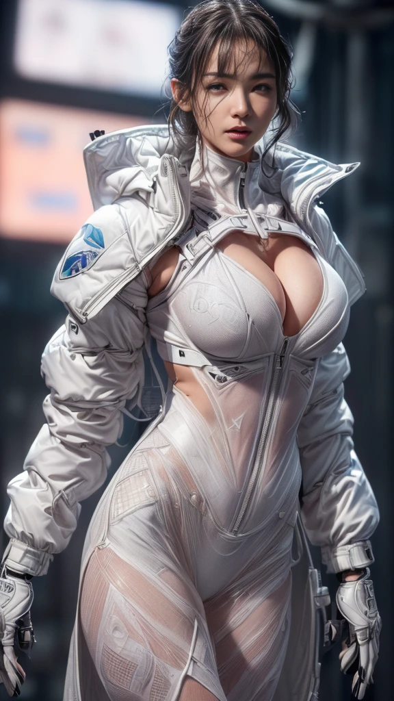 (Browsing Caution:1.2）、Very beautiful woman、Slender women、(Detailed face)、Realistic Skin、((Delicate photo))，(Girl masterpiece RAW photo details:1.25), (Highest quality:1.6), (Ultra-high resolution:1.5), (Realistic:1.75), 8K resolution, Canon EOS R5, 50mm, Absurd, Super detailed,Cinema Lighting、One Girl, 白hair,((princess_cut))、smile、((Super tight white jacket coat)), Chest Rig, cyber punk, ((Techwear)),I can see your abs、Good top、((((Big Breasts))))、((The abdomen is visible))、(((Very subtle and futuristic design)))、Digging into the crotch、((logo))、((Characters on clothing))、((With the weapons of the future))、((hair over one eye))