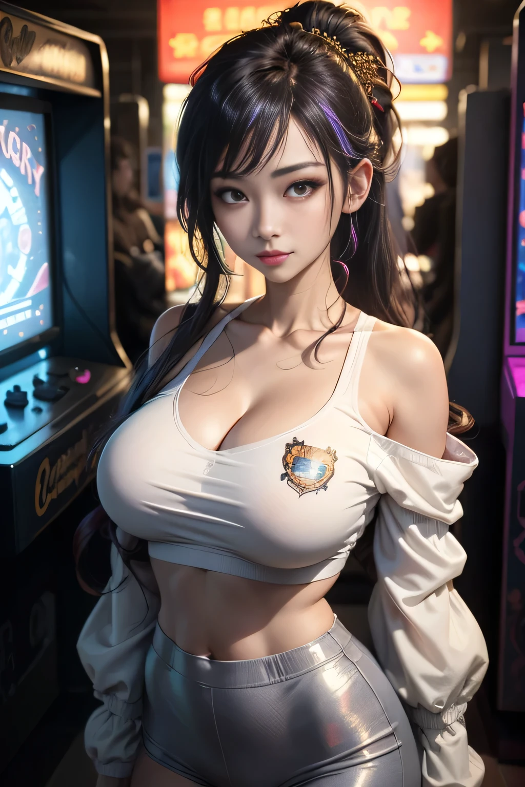sfw, ((Masterpiece)), best quality, absurderes, ultra detailed, holographic, cowboy shot, golden ratio, super cute girl, mature girl, super beautiful asian girl with very beautiful violet glowing eyes, beautiful glowing white multicolored hair, high ponytail, nice and sexy body, slim body, perfect body, wearing super tight anime printed mini boxers, an anime printed super tight off shoulder long sleeve crop top, buautiful hair ornament, super aesthetic transparent jacket, playing in an arcade machine, wearing bra,((skinny waist)), young asian girl, ((big breasted)),