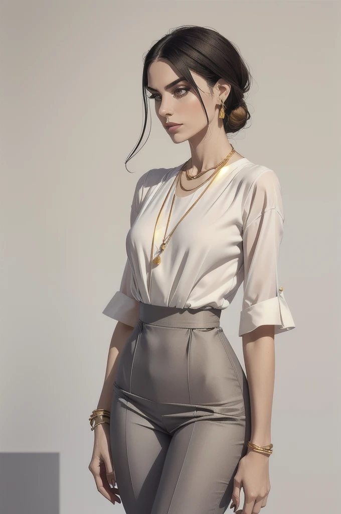 makeup, mascara, simple color palettes, woman 25 years old, stylish, Clean, sharp designs, flowing silhouettes, Tight skirts and pants, high-waisted skirts and pants, simple dresses, shirts and blouses, asymmetrical, geometric, Elegant and luxurious materials and designs, Simple, minimal accessories, Slim necklaces and rings in silver or gold, Simple bangles, Distinctive designs, simple silhouettes, chic and mature impression, simple and sophisticated style, elegance, minimalism, high quality materials, cool and urban impression, high fashion, , simplicity and sophistication, plain white dress, chic white dress, busty, 
