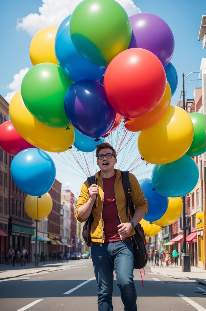 an art inspired by the film "Up - High Adventures" with colorful balloons carrying the name "Nycollas Dr. Do ABC"? Balloons can be red, yellow, green and blue, representing the fun and adventure of the film. In the background of the image, could have the character Carl Fredricksen's house being lifted by balloons