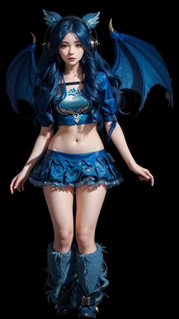 A beautiful girl in full body, blue wavy hair, com cropped azul, with blue skirt, with blue furry boots, with blue dragon wing and a blue headphone on his head.