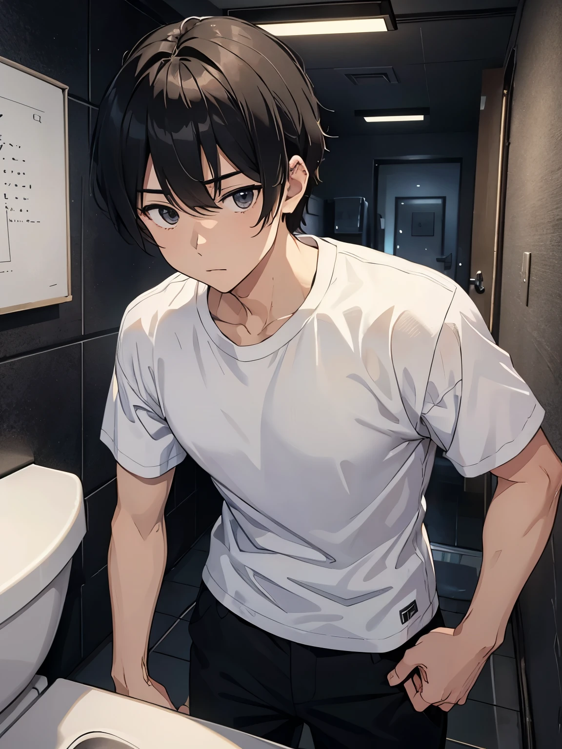 20-year-old male、White T-shirt and black pants、A dark and suspicious toilet at night、