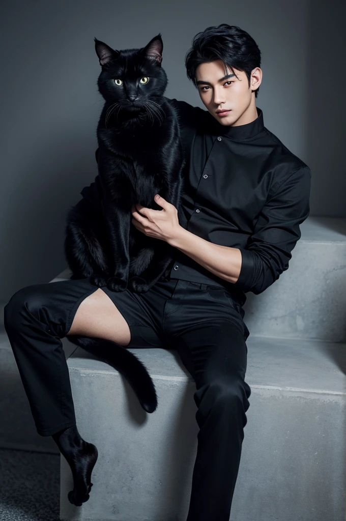 A handsome Asian boy with black hair in a wolfcut is holding a black cat