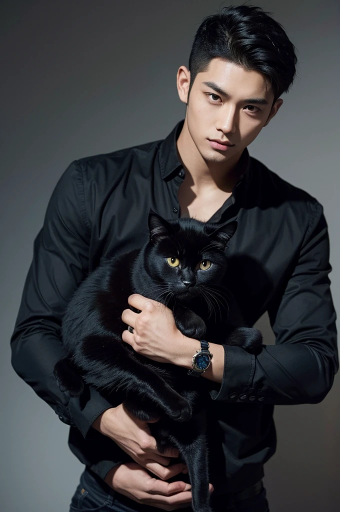A handsome Asian boy with black hair in a wolfcut is holding a black cat