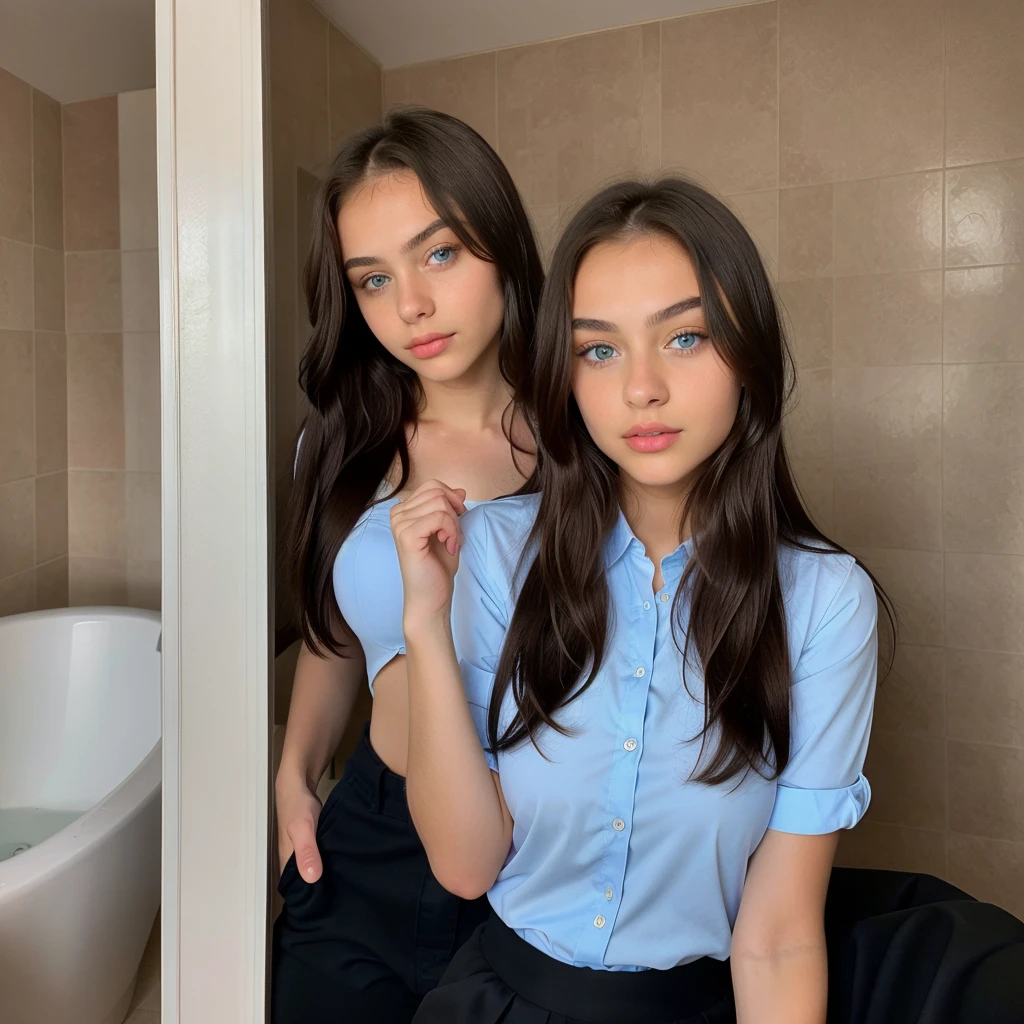 a beautiful 14 year old Russian teenage Ukrainian girl with blue eyes , taking a selfie with face of young girl with perfect body big eyes , wide fleshy lips thin upturned nose, with a fine face like a barbie , normal somewhat large voluminous breasts ,very long and very straight black hair, wearing dark wide leg pants and a big button shirt , 14 years old, very tender face , blue-eyed teenage girl posing very sexy at night in the bathroom ,straight hair. a very attractive teenage girl sexually naked, posing from Ukraine beautiful girl 14 year old girl cute beautiful masterpiece

