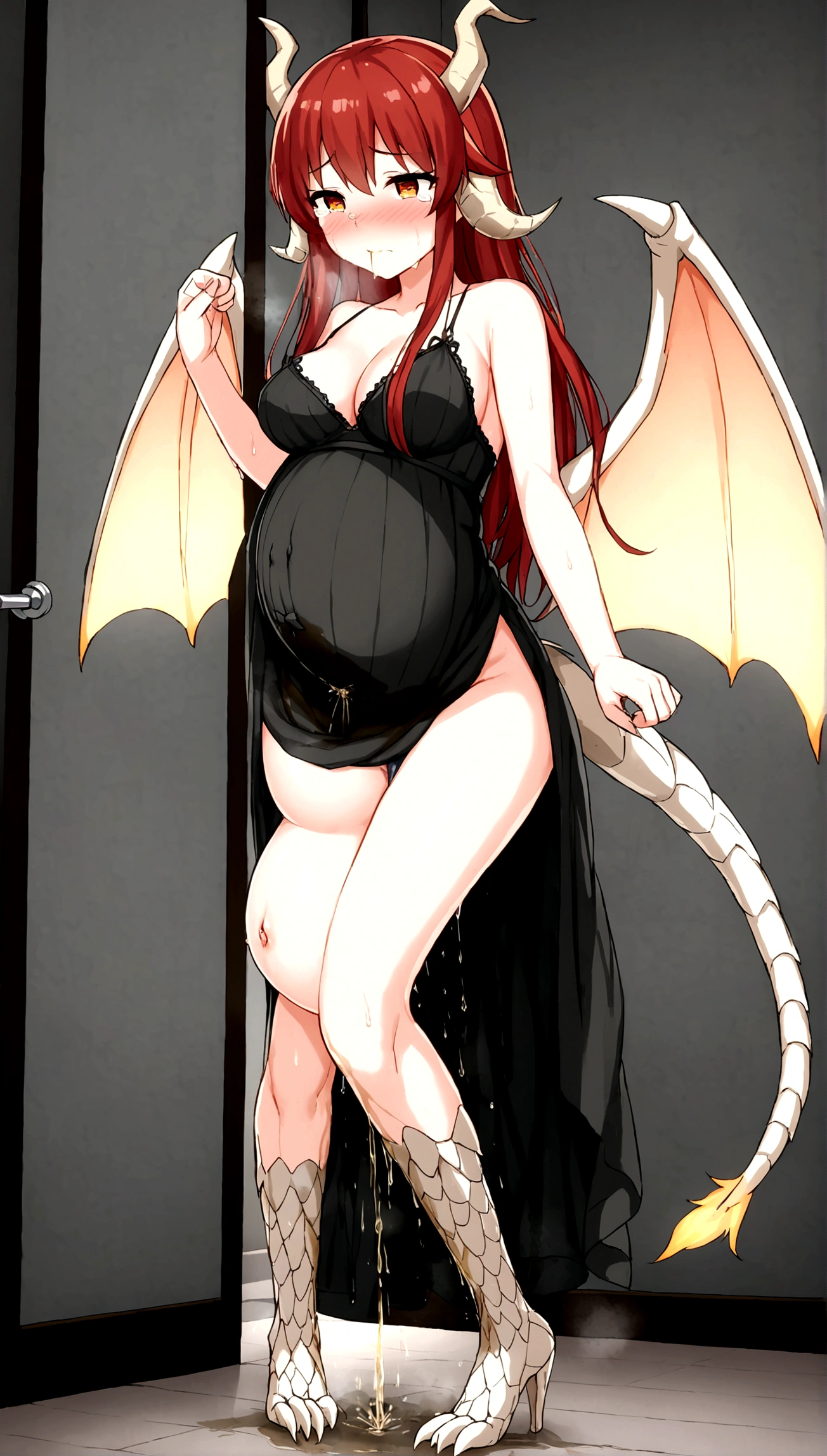 Anime. 1 Girl. Cutie. The girl is a dragon. Red hair. Long hair. Amber eyes. Beautiful eyes. Perfect eyes. Expressive eyes. Ideal face. Ideal anatomical body. Dragon horns. Scaly hands. Clawed hands. Long legs. Scaly legs. Clawed feet. Dragon wings. Dragon tail. tail. Dressed in an evening dress. High heel shoes. Beautiful body. Beautiful nose. 18 years. Medium breasts. Pregnant. Period. Holding dirty panties in his hands. The crotch is covered in blood. Her water broke. Embarrassment. Blush. Beautiful character design. Shiny skin. She wants to sneeze. She needs to sneeze. She has a strong, desperate urge to sneeze. Fire breath. She sneezes. She sneezes with fiery breath. Runny nose. Mucus from the nose. Snot. Slpli is running from the nose. Blows his nose. He wipes his nose with his dirty underpants. She wants to pee. She needs to pee. She has a strong, desperate urge to pee. She described. Tears on eyes. Cry. Snot flows from the nose. City. Street. Restaurant. Heading to the toilet. Standing at the door to the toilet. Waiting for it to cool down. Whole body. nsfw. Official art. Extremely detailed CG Unity 8k wallpaper. Ideal lighting. Ultra high resolution 4K. Super detailed 8K. A high resolution.