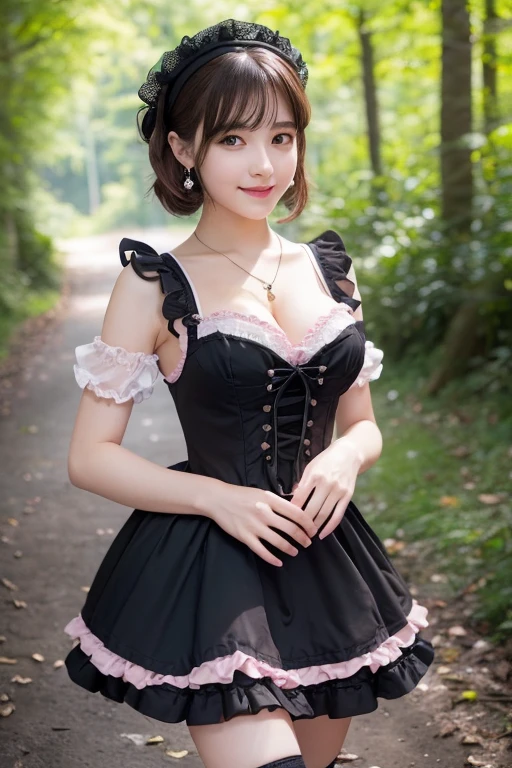 girl, White skin, ((Dark brown short tiered hair)), V cut with layers and bangs, Brown eyes, Soft atmosphere characteristics (Highest quality, 超High resolution, 8K, RAW Photos, 超High resolution: 1.2, masterpiece: 1.3), (Realistic, Realistic: 1.37), Very detailedな, Professional Lighting, Photon Mapping, Radio City, Physically Based Rendering, One Girl, (high school girl), Sharp focus:1.2、Beautiful woman:1.4,cute, Nice, Adorable, smile, Normal chest, necklace、(Cleavage)、((Gothic Lolita Fashion、Pink and black gothic lolita outfit))、Earrings,ring、意地悪なsmile, (Absurd, High resolution, Very detailed)、(fine grain)、(Detailed facial features)、(Detailed clothing features)、Beautiful Skin、(Glowing Skin)、身で美しいgirl)、(Beautiful leg lines)、One Girl、(Full Body Shot)、cute、Smile、forest、stream、