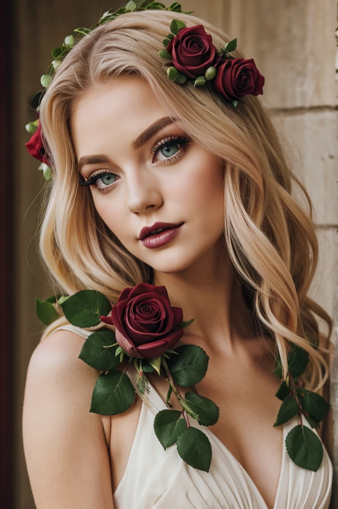 blonde hair, young lady, green eyes, rose chicks, rose lips, long eyelashes, red wine grown dress, gothic, rose crown. 
